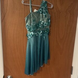 Medium Child Teal One-Shoulder Floral and Mesh Dance Dress